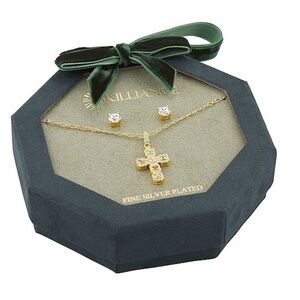 NWT Silver-Plated Cubic Zirconia & Crystal Cross Pendant Necklace & Earring Set